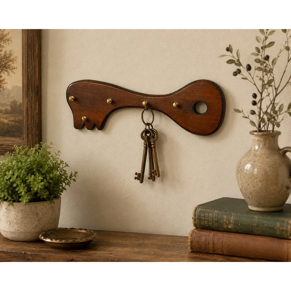 Vintage Wooden Key Holder Wall Rack 5 Peg Skeleton Key Shape 12